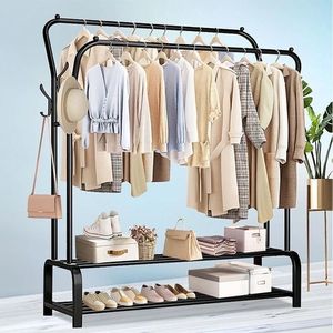 Heavy Duty Metal Clothes Rack with Shelves & 8 Hooks ? Freestanding Double Rail Garment Organizer for Bedroom or Entryway ? Black