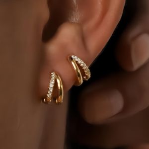 Elegant Gold Double Band Crystal Earrings – Small Huggie Hoops for Party & Daily