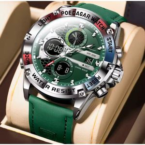 POEDAGAR Men's Quartz Dual Display Sports Wristwatch, Digital & Analog, Luminous, Leather Strap, color: green & Silver, Waterproof