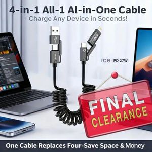 65W 4-in-1 Retractable Fast Charging Cable, 1.5m Spring Coiled USB-C to L/USB-C/USB-A Multi-Device Cord for iPhone 15/14/13, iPad, Samsung, MacBook, Laptop, Car, Tablet
