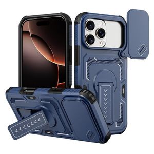 Iphone 16 Pro Max High Quality Shockproof Armour Case With Slide Window Camera Lens Protection And A Folding Stand - Blue