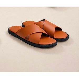 Men's Elegant Cross-Strap Leather Slide Sandals - Chestnut Brown