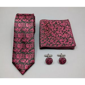 Men's Floral Jacquard Silk Necktie Set with Pocket Square & Cufflinks – Luxury Magenta & Black Woven Formal Tie Set