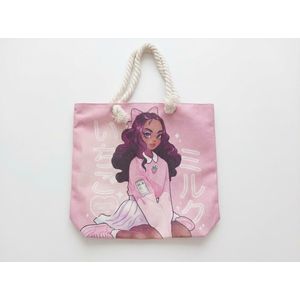 Women's Anime Graphic Canvas Tote Bag – Pink Strawberry Milk Shoulder Bag