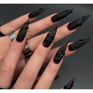 24pcs Almond Press on Nails Black 3D Nails with Snake Extra Long Stiletto Glossy Full Cover Summer Nails Art