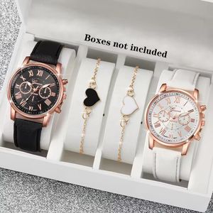 4-piece set of quartz couple watches and heart-shaped bracelets for both men and women – Black/White, perfect as a gift for couples