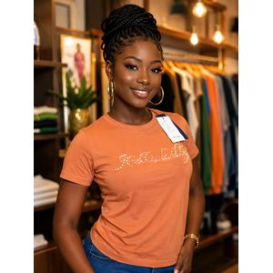 Fashion For Life Women’s Peach Orange Rhinestone Embellished Casual T-Shirt