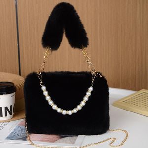 Black Women Fur Crossbody Bag Pearl Chain Handbag Wallet Purse