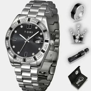 Tomi T305 Slate Empire Gift Set Men's Luxury Silver & Black Crystal Diamond Watch Set with Crown Bracelet, Ring & Strap Adjustment Tool - Gift Box Edition