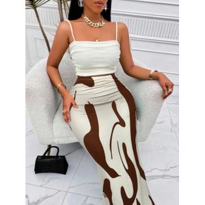 Women's High-Waist Abstract Printed Maxi Skirt – Ruched Bodycon Long Pencil Skirt – Brown & White