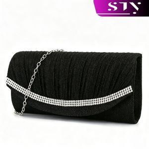 STY Lady Evening Bags Elegant Clutch Bag Terylene Mini Handbags Exquisite Rhinestone Decoration Black Bag