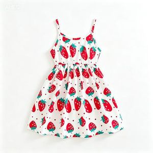 Catpapa 3-6 Years Girl White Strawberry Print Sleeveless Dress with Elastic Waist  Breathable Cute Summer Outfit, Ideal for Beach, Vacation & Playdates