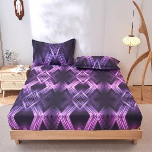 3-Piece Purple Geometric Neon Lattice Fitted Bed Sheet Set – All-Around Elastic Bed Sheet with 2 Matching Pillowcases