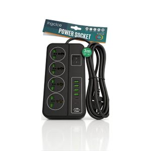 Ingclce 4-Socket Power Extension Board with 3m Cable, Power Switch & USB Charging Ports