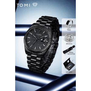 Tomi T304 New Men's Watch Brooch Ring Gift Box Set Luxury Business Stainless Steel Strap Men's Calendar Casual Quartz Watch Reloj-Black