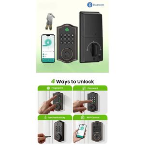 5-in-1 Smart Door Lock – Keyless Entry with Fingerprint, Password, Bluetooth App Control & Mechanical Key – Black 