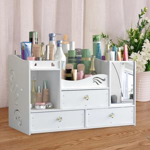 White Color Makeup Cosmetic Organiser Jewelry Storage Gift Box Drawer Case Mirror Cabinet