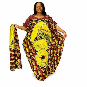 Fashion All Women’s African Boubou Cotton Kaftan Maxi Dress With Matching Scarf – Free Size Traditional Elegant Wear – Yellow