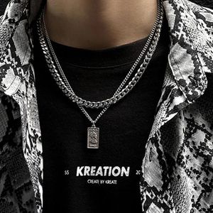 DOTIFI Stainless Steel Geometric Square Pendant Necklace Men's  Cuban Chain Double Layer Hip Hop Jewelry Accessories