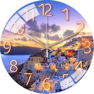Luxury Silent Art Wall Clock-new home 12-inch (30CM) toughened glass wall clock Living Room Clock Bedroom Silent Quartz clock (the white castle by the sea)AA battery powered