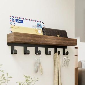 Wooden Wall Shelf with 6 Hooks - Floating Storage Rack and Key Holder