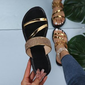 Women's Black Gold Rhinestone Thin Strap Flat Slides, Open Toe Outdoor Slippers, Versatile Non-slip Beach Sandals for Vacation