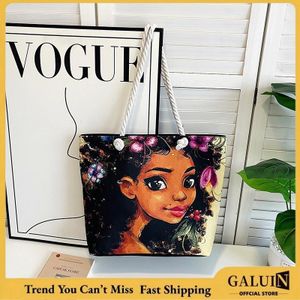 GALUIN Dreamy floral cartoon print tote bag, cute style with rope shoulder strap, large capacity commuter shoulder bag