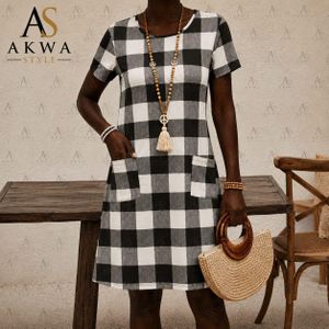 AKWA STYLE Women's Casual Buffalo Brown Plaid Short Sleeve Pocket Dress – Loose Fit Mini Dress