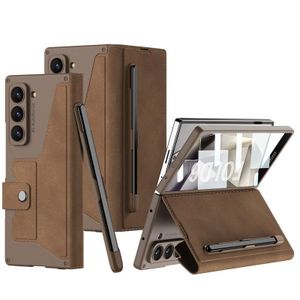 Samsung Galaxy Z FOLD 6 High Quality Flip leather Case With Built - In Front Screen Protector And Removable Velcro Capacitance Pen Slot (Capacitance Pen Included) - Brown 