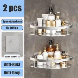 2pcs Bathroom Shelves No-drill Wall Mount Corner Shelf Shower Storage Rack Holder