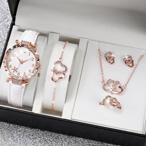 White double-heart watch, necklace, earrings, ring, bracelet, a set of five items