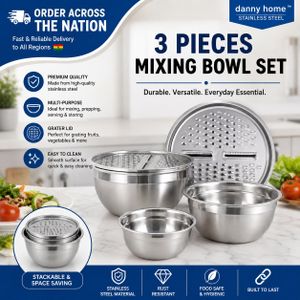 Danna 3-Piece Stainless Steel Mixing Bowl Set with Grater & Sifter – Silver