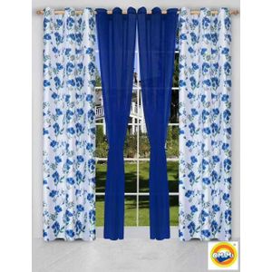 OMAMA HOME TEXTILE 4-in-1 Floral &  Double Sheer Curtain – Blue / Floral Print – 150 x 260cm Window Drapes-blue