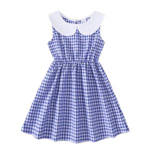 Catpapa 6-10 Years Girls' Sleeveless Dress with Peter Pan Collar & Waist Gathers for Playtime & Casual Wear, Blue White Checkered
