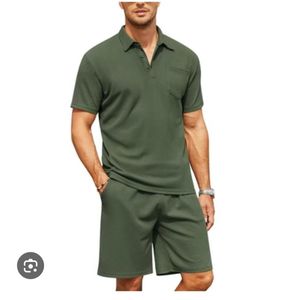 Star Men’s Ribbed Polo Shirt & Shorts Two-Piece Set – green