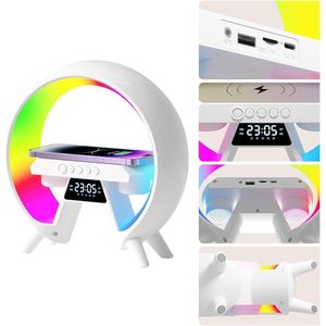 Multifunction RGB LED Alarm Clock with Wireless Charger & Bluetooth Speaker- White