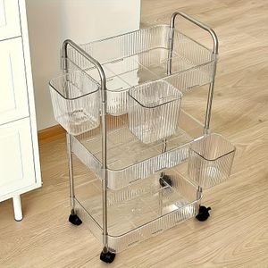 Mobile trolley with wheels, acrylic storage cart, three-tier shelving unit, suitable for storing cosmetics, made of transparent material.