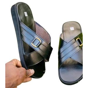 The Slippers Co Men's Crossed Leather Slippers- Black 