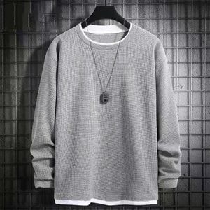 Men's Casual Crew Long Sleeve Sweatshirt Pullover Waffle Texture Grey