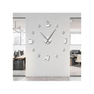47.2" 3D DIY Frameless Acrylic Coffee Machine Silent Wall Clock, Battery Power Clock for Living Room, Office, Bedroom Room & Decoration - Silver