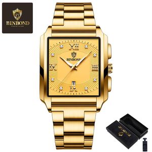 BINBOND Rectangular Men's Calendar Quartz Watch Stainless Steel Strap Waterproof Luminous with Gift Box - Gold