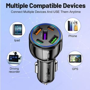 75W Super Fast Car Charger, 5-in-1 Ports, USB Charger (3USB+2PD)