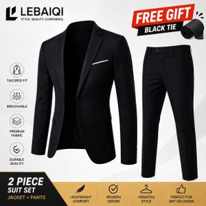 Gukbis Men's 2-Piece Suit + Black Tie - Classic Long-Sleeve Blazer & Trousers - Black