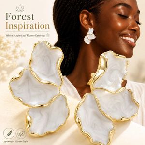 White Maple Leaf Flower Stud Earrings, Korean Forest Style Enamel Petal Lightweight Earrings for Women