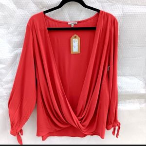 Gen Jodifl red draped open front deep V soft twist open sleeves women's top 