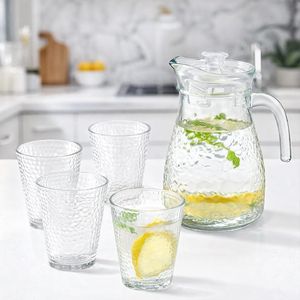 5 PCS Glass Set with Water Jug Drink Glasses (1 Jug 1200ml + 4 Glasses 300ml Each) 