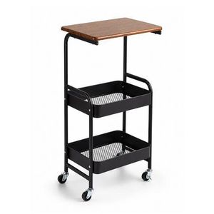 2-Tier Rolling Storage Cart - Multi-Functional Iron Basket Organizer with Wooden Top & Wheels - (W43 x D30 x H77)cm / (W16.9 x D11.8 x H30.3)inch