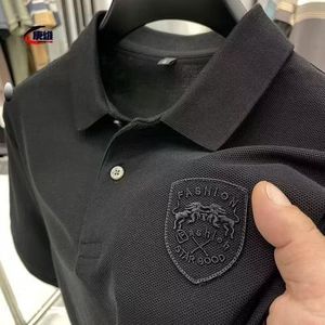 Men's Embroidered Polo Shirt Classic Short Sleeve with Lion Badge - Black - EU M