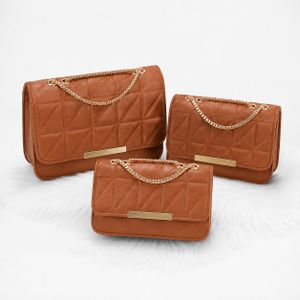 Ella 3-Piece Quilted Chain Handbag Set – Brown