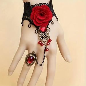 Retro Gothic-Punk Hand Accessories Burgundy Rose Lace Hand Chain, Red Rose Ring Integrated Wristband Hand Ring